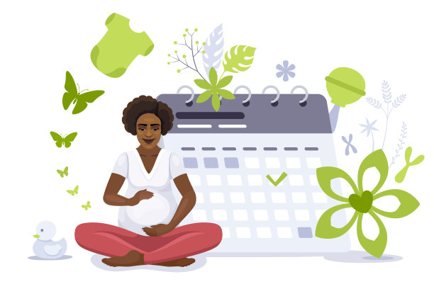 期待分娩的非裔美国妇女。快乐的孕妇看着日历。可爱的女人拥抱她的肚子，以莲花姿势坐着。图片下载