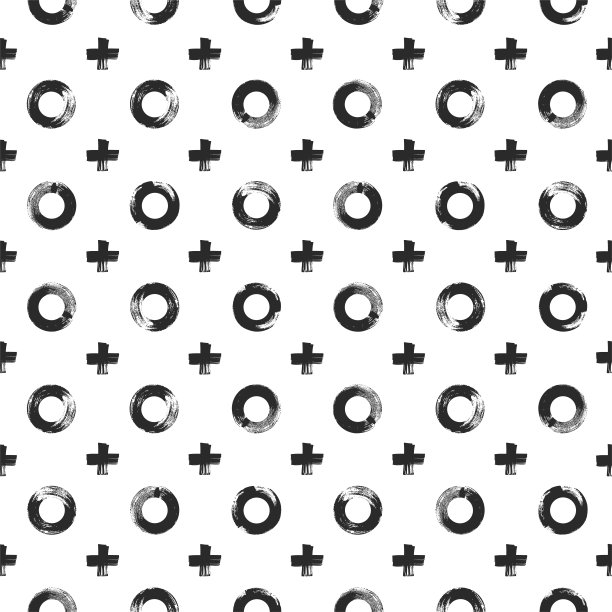 无缝现代模式与黑色手绘圆圈和加法孤立在白色背景。抽象的单色插图。图片下载