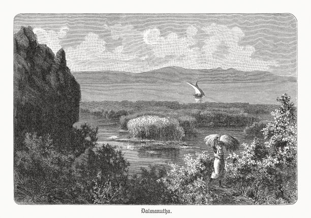 达曼努塔附近的芦苇采矿，加利利海，木刻，出版于1891年图片下载