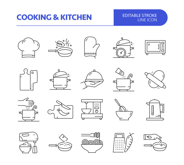 烹饪相关线矢量图标集。可编辑的中风。厨师，厨房，煮锅，准备食物。图片下载