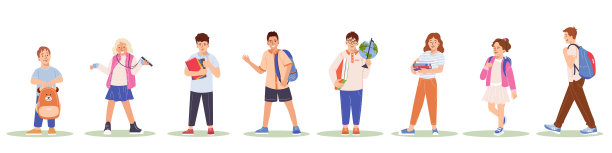 一套可爱的孩子穿校服与背包去小学或中学教育学年开始回到学校收集有趣的学生卡通平面矢量插图孤立在白色图片下载