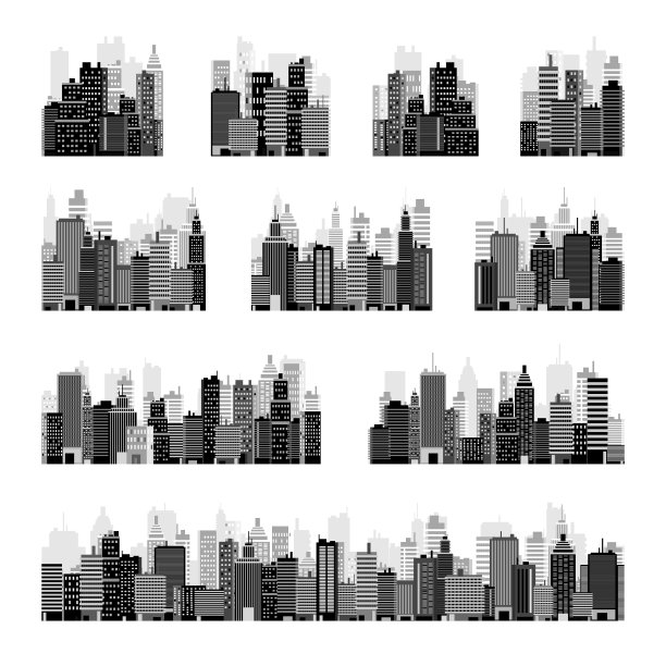 城市的轮廓。城市景观，城镇天际线，水平全景。市中心有各种各样的建筑、房屋和摩天大楼。矢量图图片下载