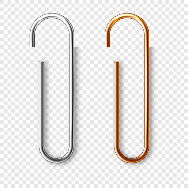 逼真的铜和钢回形针附在纸上。闪亮的金属回形针，页夹，活页夹。工作场所办公用品。矢量图图片下载