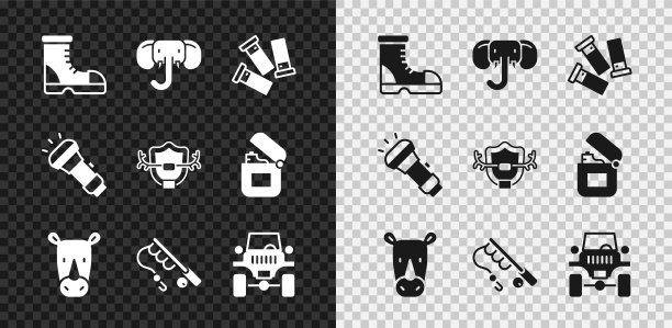 集猎人靴子，大象，墨盒，犀牛，鱼竿，越野汽车，手电筒和鹿角上的盾牌图标。向量图片下载
