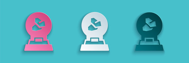 剪纸展览与各种矿物，岩石和晶体图标隔离在蓝色背景。矿产展览会、矿物学、地质学展览会或博物馆。纸艺风格。向量图片下载