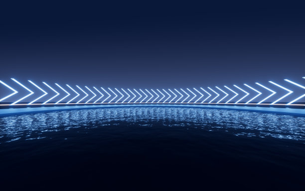 发光的霓虹灯线与水面背景，3d渲染。图片下载
