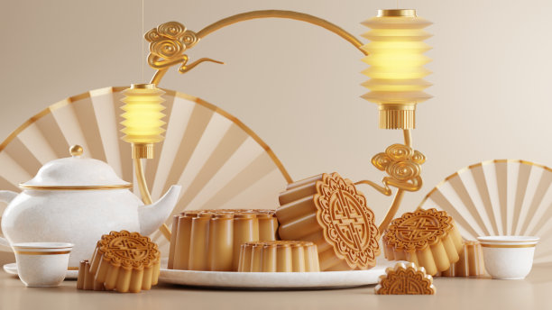 3D渲染中秋节假期或中国新年，中国节日，灯笼，花，月亮，兔子，月饼，茶壶和亚洲元素为背景。图片下载