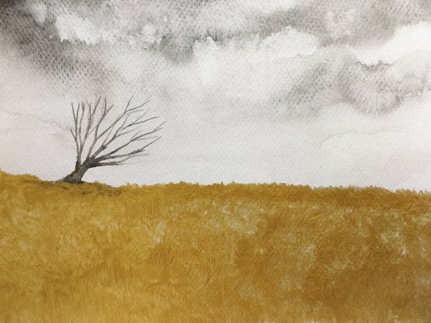 水彩山水金田和大树传统东方水墨亚洲艺术风格。图片下载