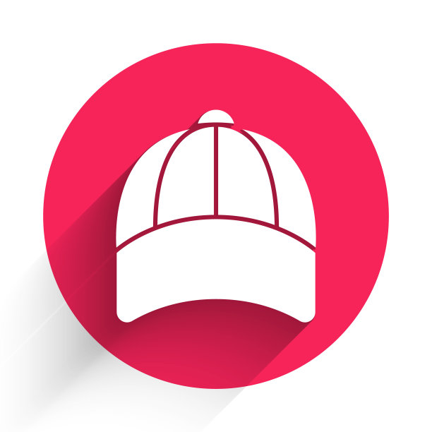 白色棒球帽图标孤立的长阴影。运动设备。体育制服。红色圆圈按钮。向量图片下载