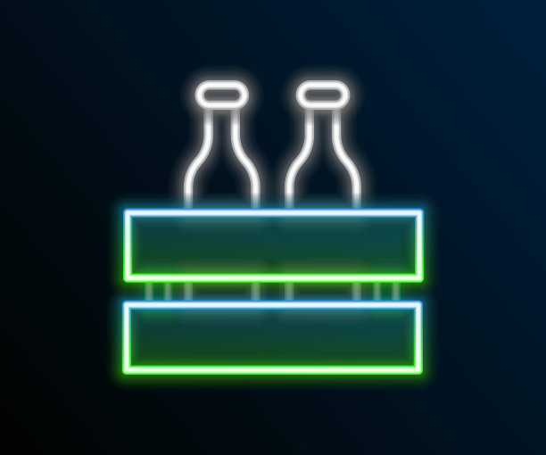 发光的霓虹灯线包装的啤酒瓶图标孤立的黑色背景。木箱和啤酒瓶。箱箱啤酒箱标志。色彩缤纷的轮廓概念。向量图片下载