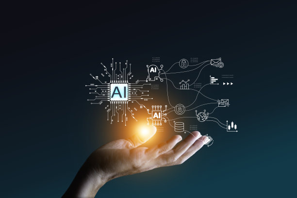 手边的Ai图标代表机器学习控制。虚拟图标代表人工智能大脑与人类的交换。技术交流连接了人类的思想网络。图片下载