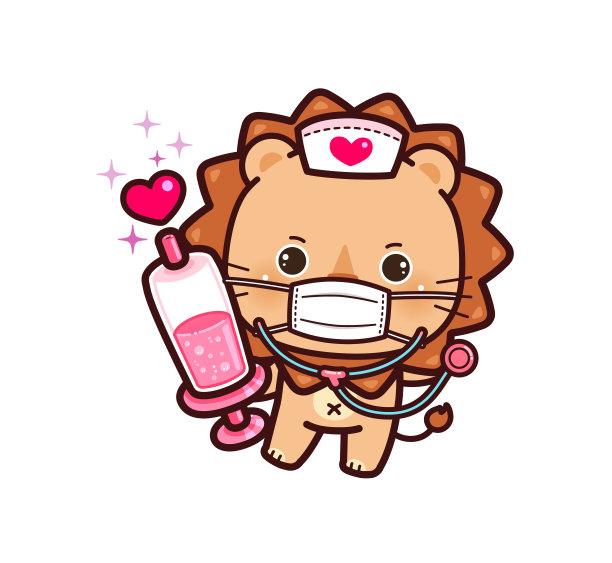 可爱的狮子医生使用听诊器和拿着皮下注射器。图片下载