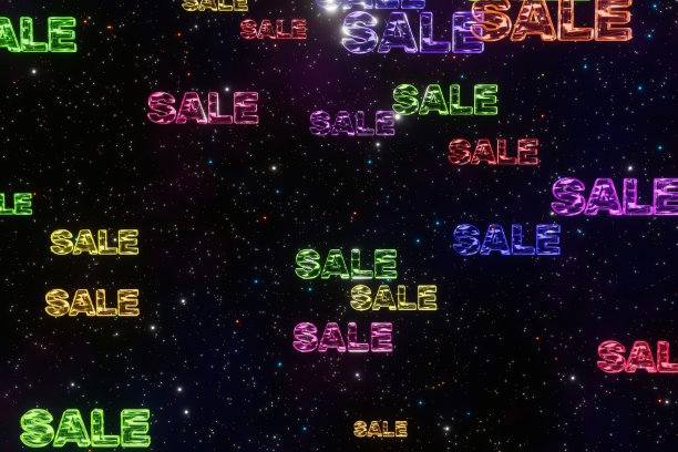 色彩缤纷的文字销售空间赛博朋克背景3d渲染。折扣下降令人满意。大甩卖，折扣，黑色星期五，购物中心或即将到来的概念图片下载