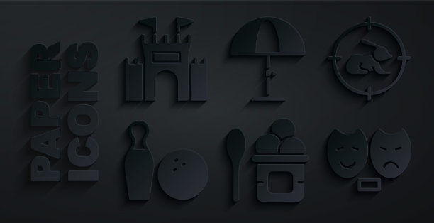 设置冰淇淋在碗，狩猎兔子与十字准星，保龄球和球，喜剧悲剧面具，防晒伞和城堡图标。向量图片下载