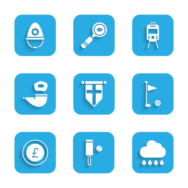 在三角旗上设置英国国旗，木板球棒，云与雨，高尔夫球，硬币硬币磅，吸烟烟斗，有轨电车和英国警察头盔图标。向量图片下载