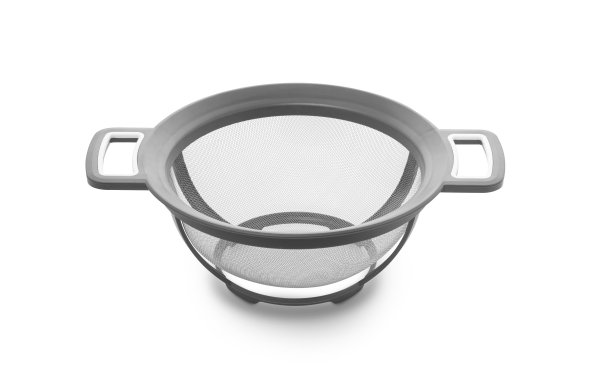 白色塑料烹饪滤器或过滤器，手柄为白色背景图片下载
