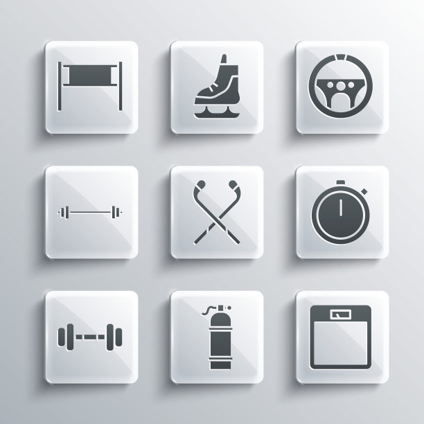 集水，浴室秤，秒表，冰球棍，哑铃，杠铃，排球网和方向盘图标。向量图片下载