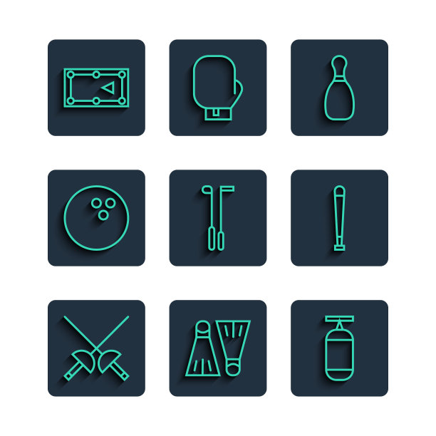 设置线击剑，橡胶鳍游泳，沙袋，保龄球瓶，高尔夫俱乐部，球，台球桌和棒球棒图标。向量图片下载