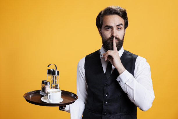 神秘的服务员在做哑巴的手势图片下载