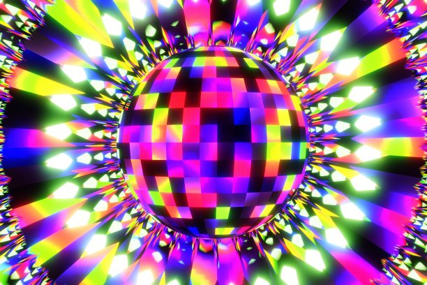 彩色迪斯科球抽象背景。迪斯科球与明亮的光线，夜间派对背景3d渲染图片下载