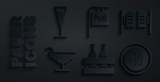 一套啤酒瓶，酒吧门，鸡尾酒，酒精18加，街道招牌与酒吧和玻璃香槟图标。向量图片下载