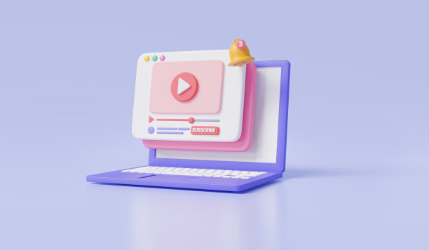 在笔记本电脑上播放视频。直播，数字多媒体播放器，在线视频，频道通知和订阅，视频营销。在线视频概念。3d最小渲染图图片下载