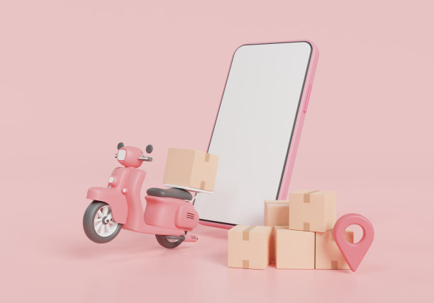 卡通最小在线快速递送包裹由摩托车通过手机。在线订购，在线发货申请，智能物流。交付表达。3d图标最小渲染插图图片下载