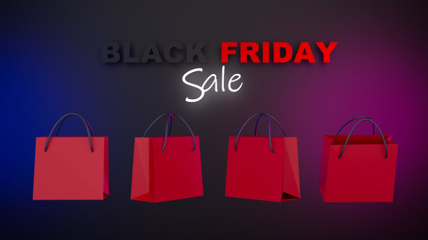 购物狂的喜悦:购物狂欢与购物袋在不同的角度-黑色星期五销售霓虹灯黑色背景。三维渲染图片下载