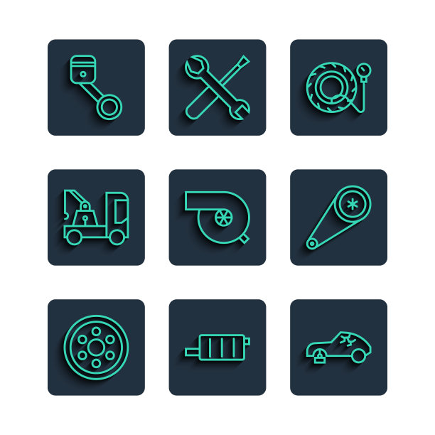 集线合金车轮，汽车消声器，破碎的汽车，轮胎压力表，汽车涡轮增压器，拖车，发动机活塞和正时皮带套件图标。向量图片下载