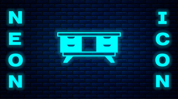 发光的霓虹灯电视桌站图标孤立的砖墙背景。向量图片下载