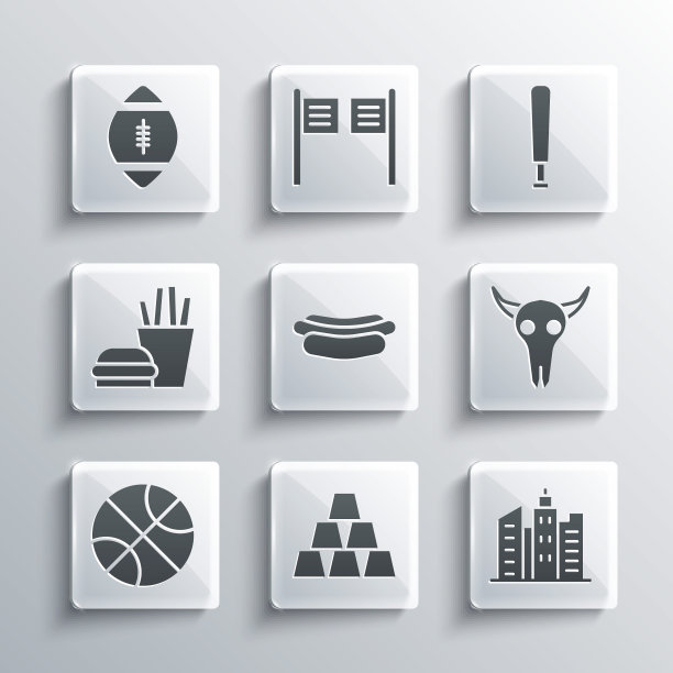 集金条，城市景观，水牛头骨，热狗三明治，篮球，汉堡炸薯条，美式足球和棒球蝙蝠图标。向量图片下载