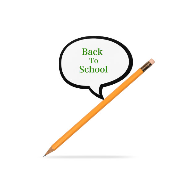 白色背景下，黄色铅笔和“返校”标志的单独镜头图片下载