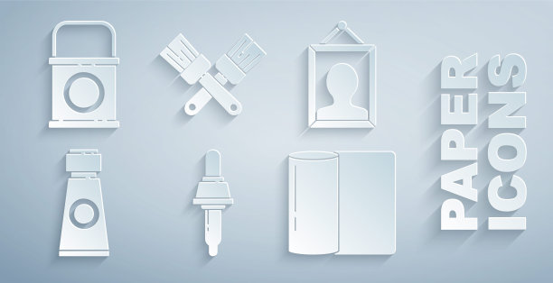 设置移液器，图片，管与调色板，纸巾卷，交叉刷和油漆桶图标。向量图片下载