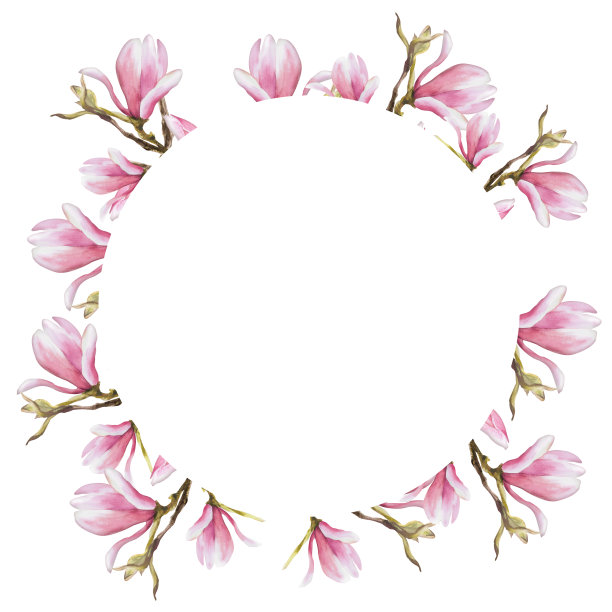 花圆形框架水彩粉红色木兰枝花和芽与污渍手绘孤立插图图片下载