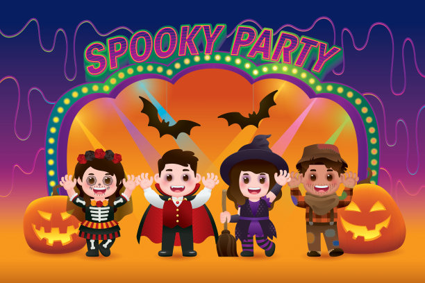 兴奋的孩子们在幽灵派对上玩得很开心图片下载