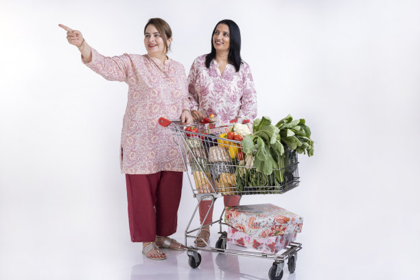 两个女人一起购物，推着购物车，孤立在白色的背景上，图片下载