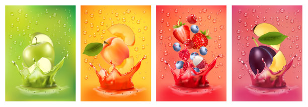 鲜榨果汁一起飞溅——梨、苹果、李子、杏、草莓、黑莓、覆盆子果汁饮料飞溅。3d新鲜水果。矢量图图片下载