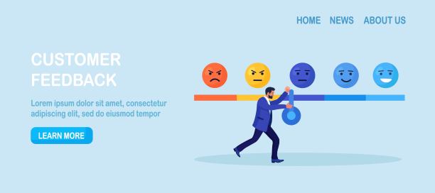 商人推箭为产品和服务质量投票。使用情感图标、表情符号进行客户满意度调查。客户评价和反馈。用户体验评价图片下载