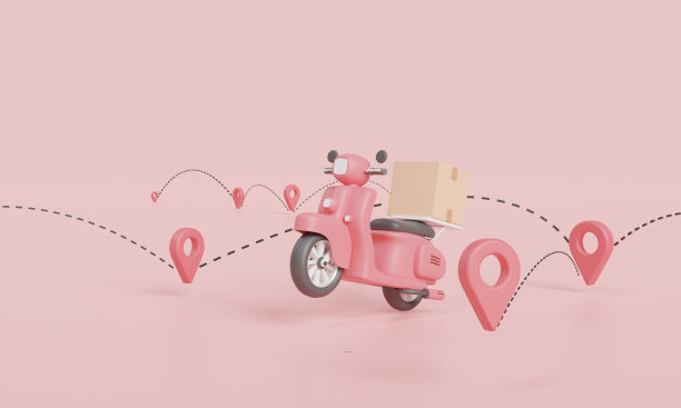 用带点定位器的滑板车送包裹。快速送货服务，网上订餐，快速快递，智能物流，海运，网上发货，包裹箱。3d最小卡通渲染插图图片下载