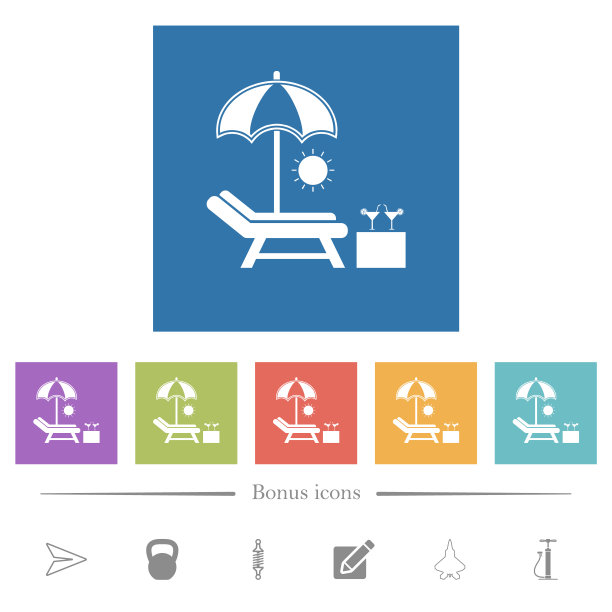 沙滩日光浴床伞鸡尾酒扁白色图标在方形背景图片下载
