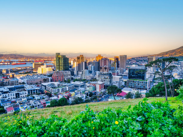 广角拍摄的开普敦城市天际线日落从一个郁郁葱葱的绿色山坡在春天，开普敦，南非图片下载