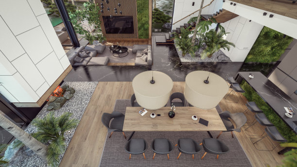 3d渲染昂贵舒适的室内与绿色的墙壁在晚上图片下载