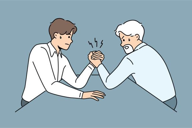 不同年龄的办公室职员进行扳手腕比赛，选出最强的经理图片下载