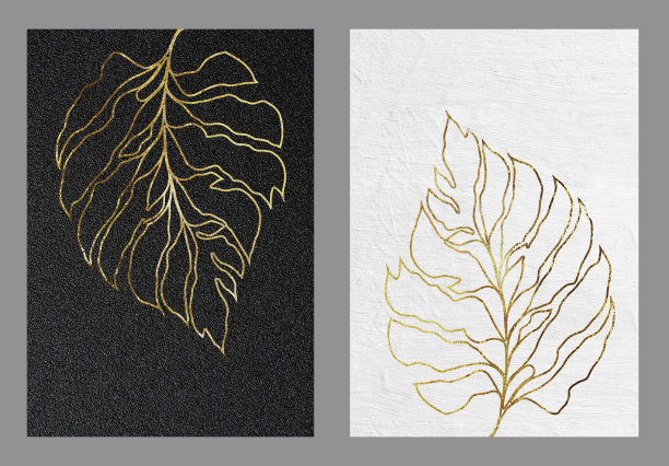 插图墙艺术装饰。3d简单的金色叶子在白色和黑色的背景图片下载