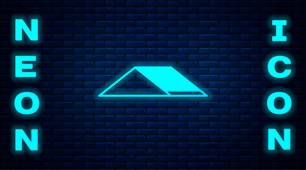 发光的霓虹灯滑板公园图标孤立的砖墙背景。滑板场的坡道，滚轮，楼梯。极限运动。向量图片下载