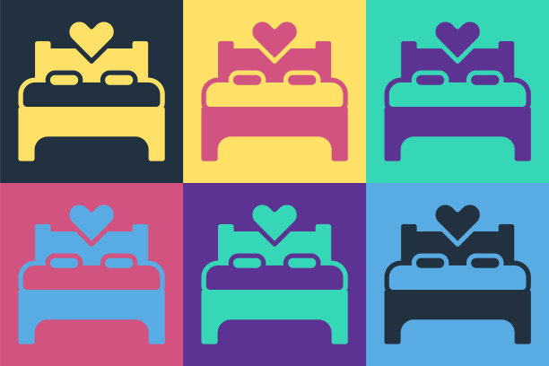 波普艺术卧室图标孤立的颜色背景。婚礼，爱情，婚姻的象征。卧室创意图标从蜜月收集。向量图片下载