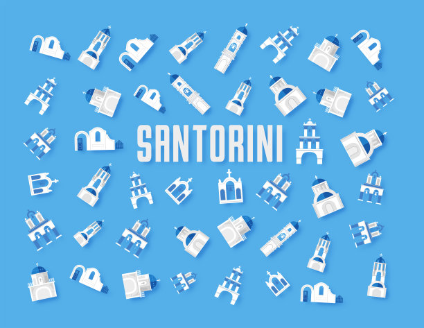 希腊伊亚岛圣托里尼岛钟楼和蓝色圆顶的平面图案图片下载