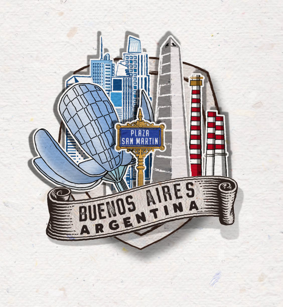 阿根廷布宜诺斯艾利斯的徽章，上面有重要的建筑物和标志图片下载