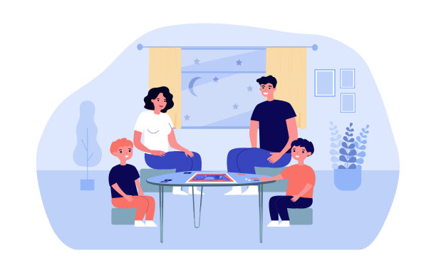 父母玩棋盘游戏与儿子在家里矢量插图图片下载