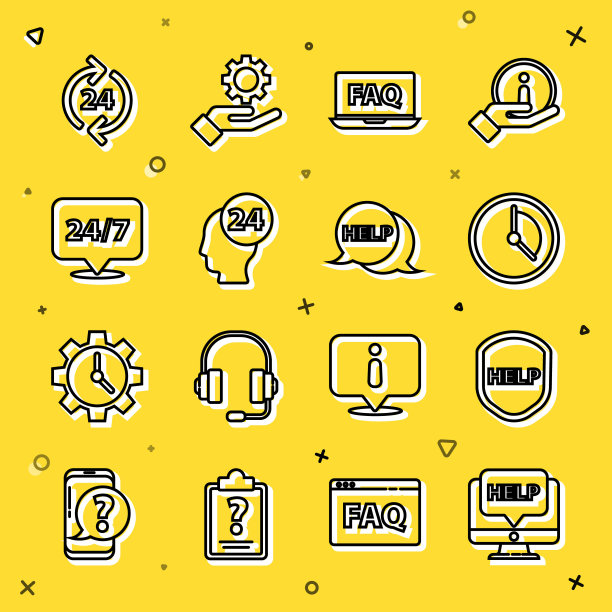 设置线计算机监视器和帮助，屏蔽与文本帮助，时间管理，笔记本电脑常见问题解答，支持操作员在联系，时钟24小时，电话支持和语音气泡图标。向量图片下载